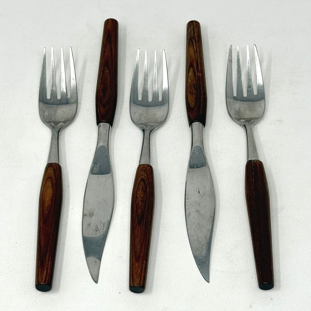 Vintage Mode Danish Stainless Sheffield England 5pc Wood Handle Fork Knife Set‎